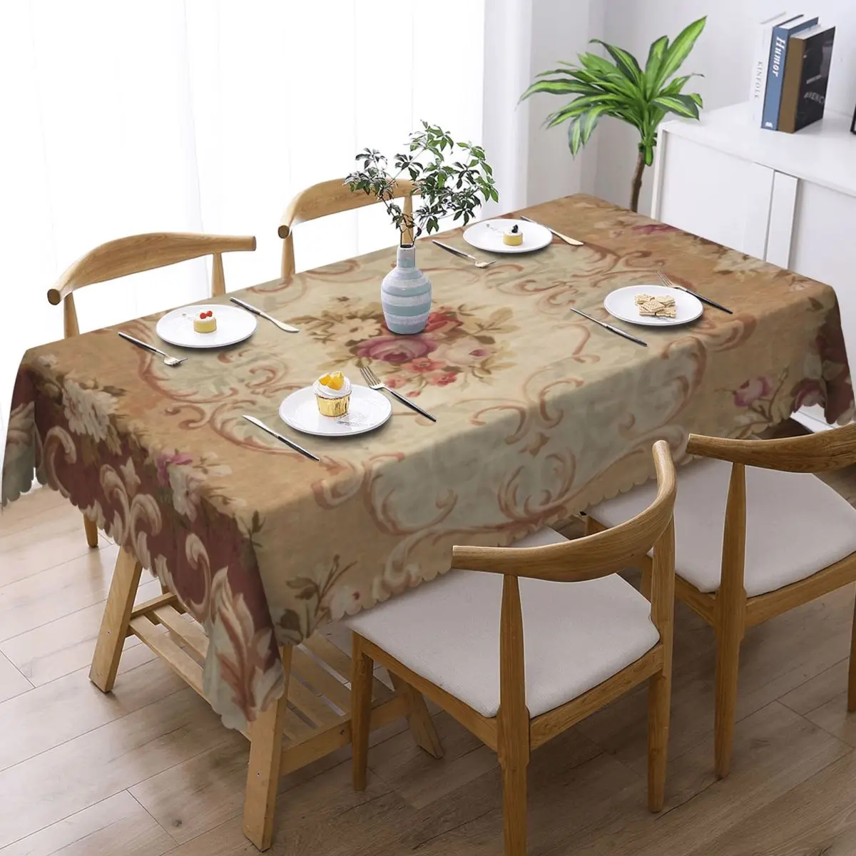 Antique Rose Floral French Aubusson Custom Rectangular Tablecloth Oilproof Table Cover for Dining Events Table Cloth