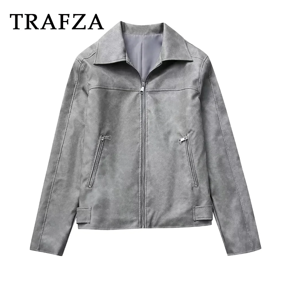 TRAFZA 2023 Casual donna autunno inverno solido giacca moda Streetwear grigio allentato colletto rovesciato cerniere cappotto invernale per le donne