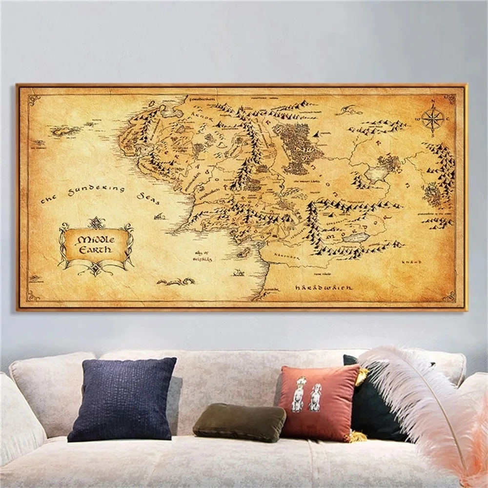 Vintage Style Movie Map of Middle Earth Canvas Paintings Posters and Prints Wall Art Pictures for Living Room Bedroom Cuadros