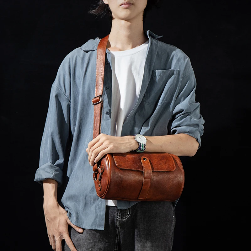 Luxury men and women vegetable tanned leather crossbody bag leather shoulder bag leather casual fashion cylinder satchel