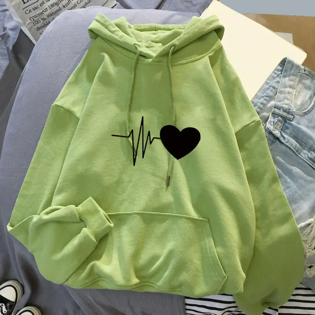 

Women Loose Hoodie Cozy Fleece Hooded Top Cozy Heart Print Unisex Hoodie with Drawstring Big Patch Pocket for Fall for Comfort