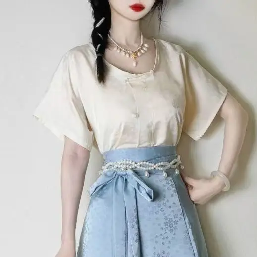 Original Women Tang Hanfu, Half Sleeve Beizi Round Collar Top, Waist-high Paneled Skirt Chinese Spring Summer Woman Costume