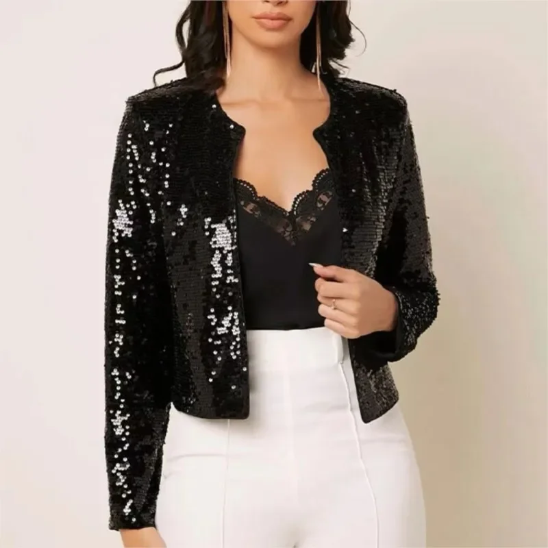 Elegante blazer chic con paillettes brillanti cappotto corto giacca cardigan lunga con scollo a O di nuova moda aperta sul davanti capispalla abbigliamento femminile