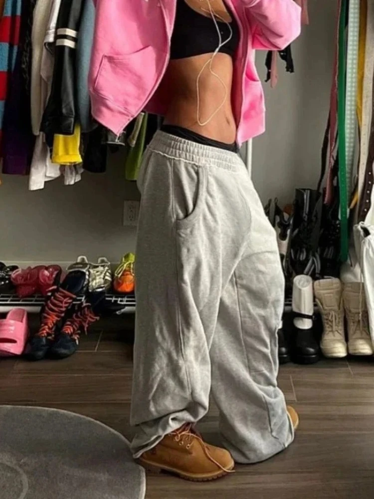 HOUZHOU Baggy Women Gray Sweatpants Oversized Korean Fashion Jogger Basic Pants Men Hip Hop Streetwear Casual Harajuku Trousers