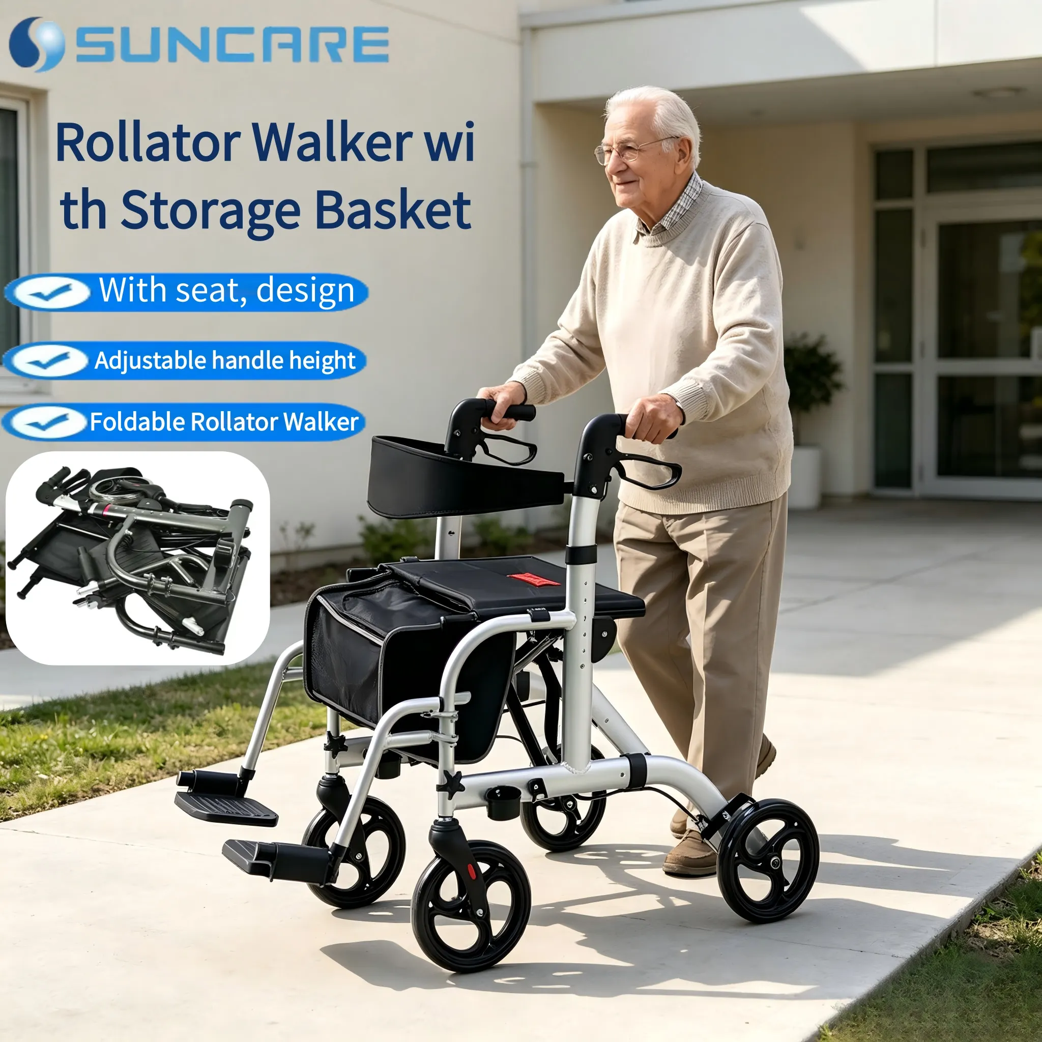 Coolfull China Wholesale SUNCARE SC5025C Mobility Aid Lightweight Aluminum Alloy Outdoor Rollator Walker with Seat for Elder