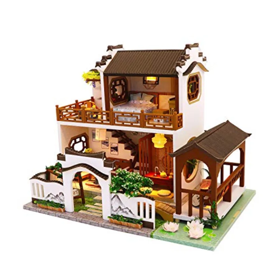 

Miniature DIY Wooden Asian Dollhouse Kit with Dust Cover - Traditional Chinese Mansion by Lotus Pond - Architectural Model in N