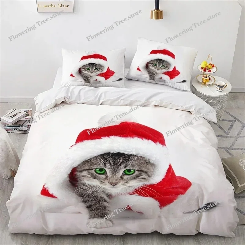 

Cat Merry Christmas Santa Claus Bedding Set Boys Girls Twin Queen Size Duvet Cover Pillowcase Bed Kids Adult Home Textileextile