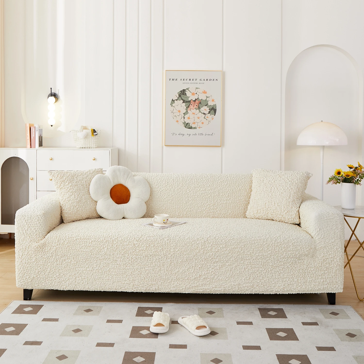 Super Soft Bubble Cloth Non-Slip Sofa Cover for 1/2/3/4 Seater Couches Pet Friendly Stretch Couch Protector Easy Clean Fabric