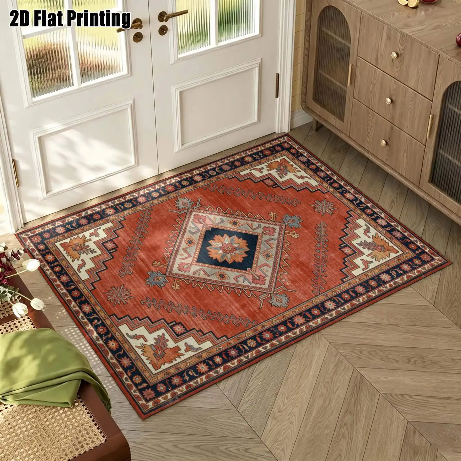 1Pc 2D Printed Retro Red-Based Geometric Floral Carpet: European & Bohemian Style, Home Decor, Multi-Size, Machine Washable, for Entrance, Dining, Bedroom, Living Room