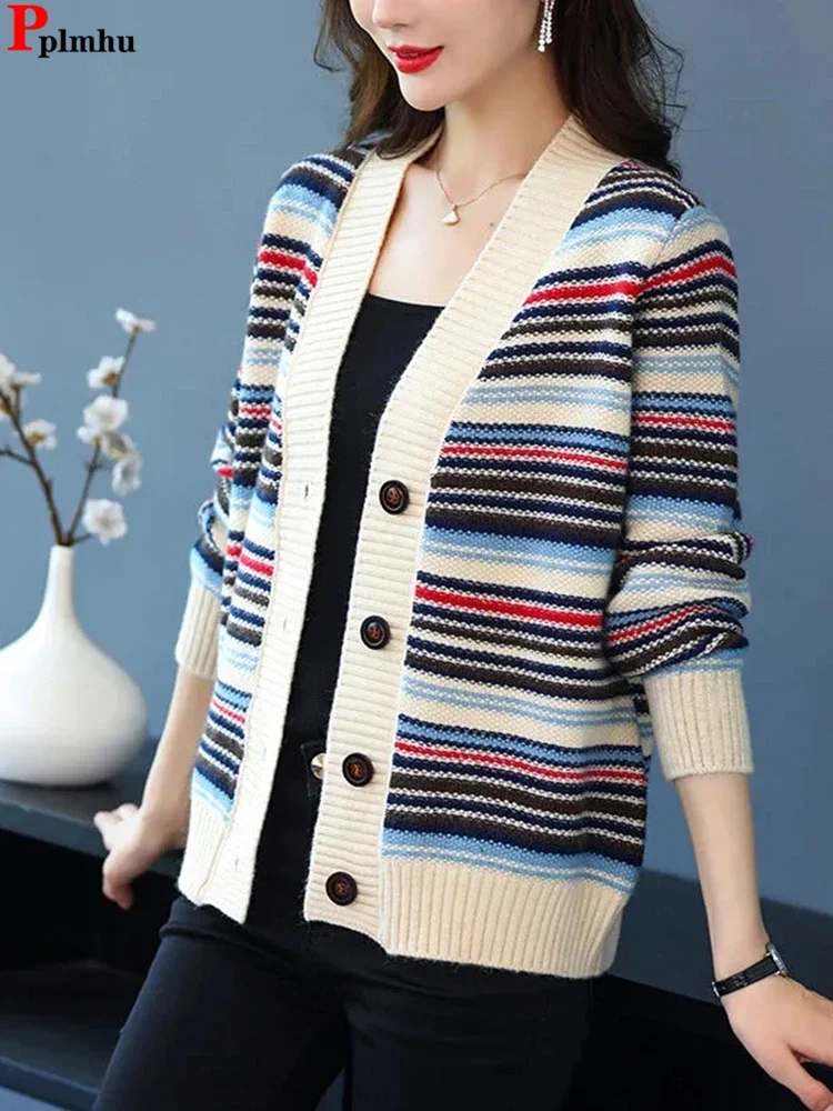 Vintage Striped Knit Cardigan Slim Elegant Knitwears Coat Casual Soft Malhas Casaco V-neck Tops Jackets Woman Sweater Gilet PH70