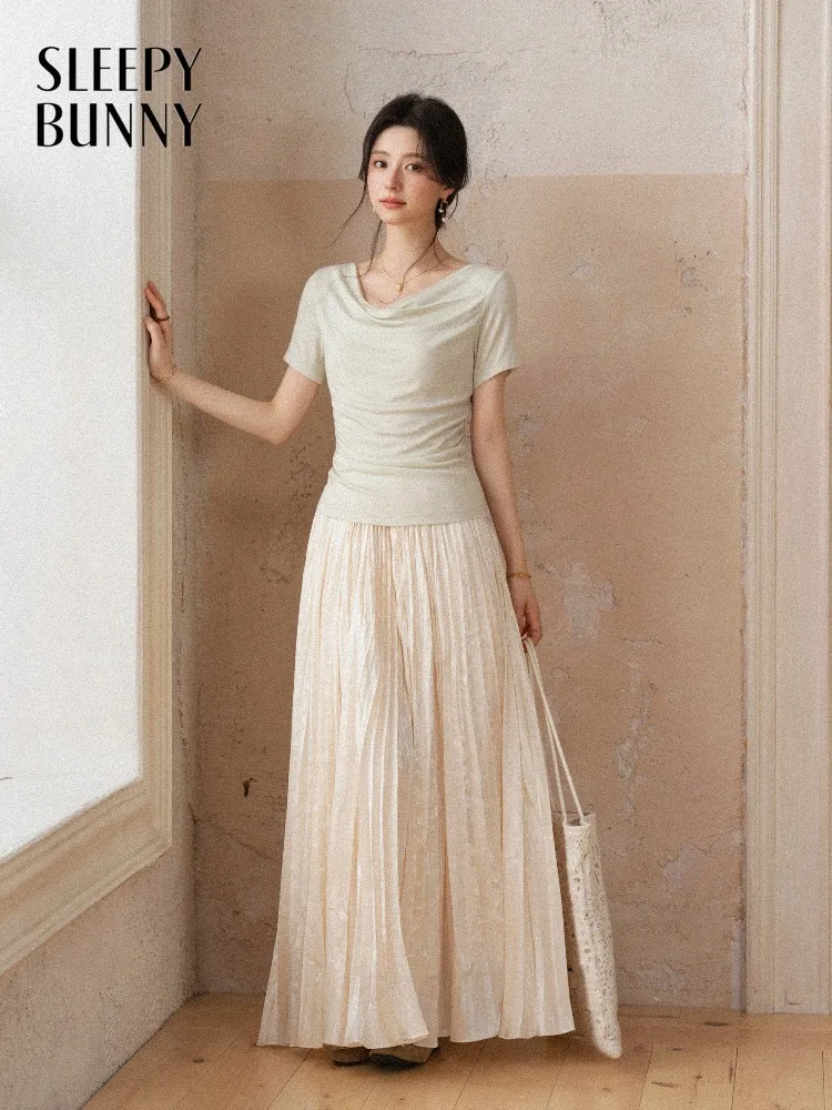 

Women Draped Neck T Shirt Skirt Set Slim Short Sleeve Top A Line Maxi Skirt Elegant Two Piece Outfit Summer Casual Style Lady