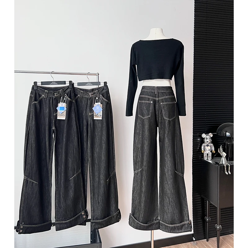

Women's Chic Rolling Hem High Waist Wide Leg Jeans Lady Spring Summer Streetwearr Two Buttons Loose Straight Full Length Jeans