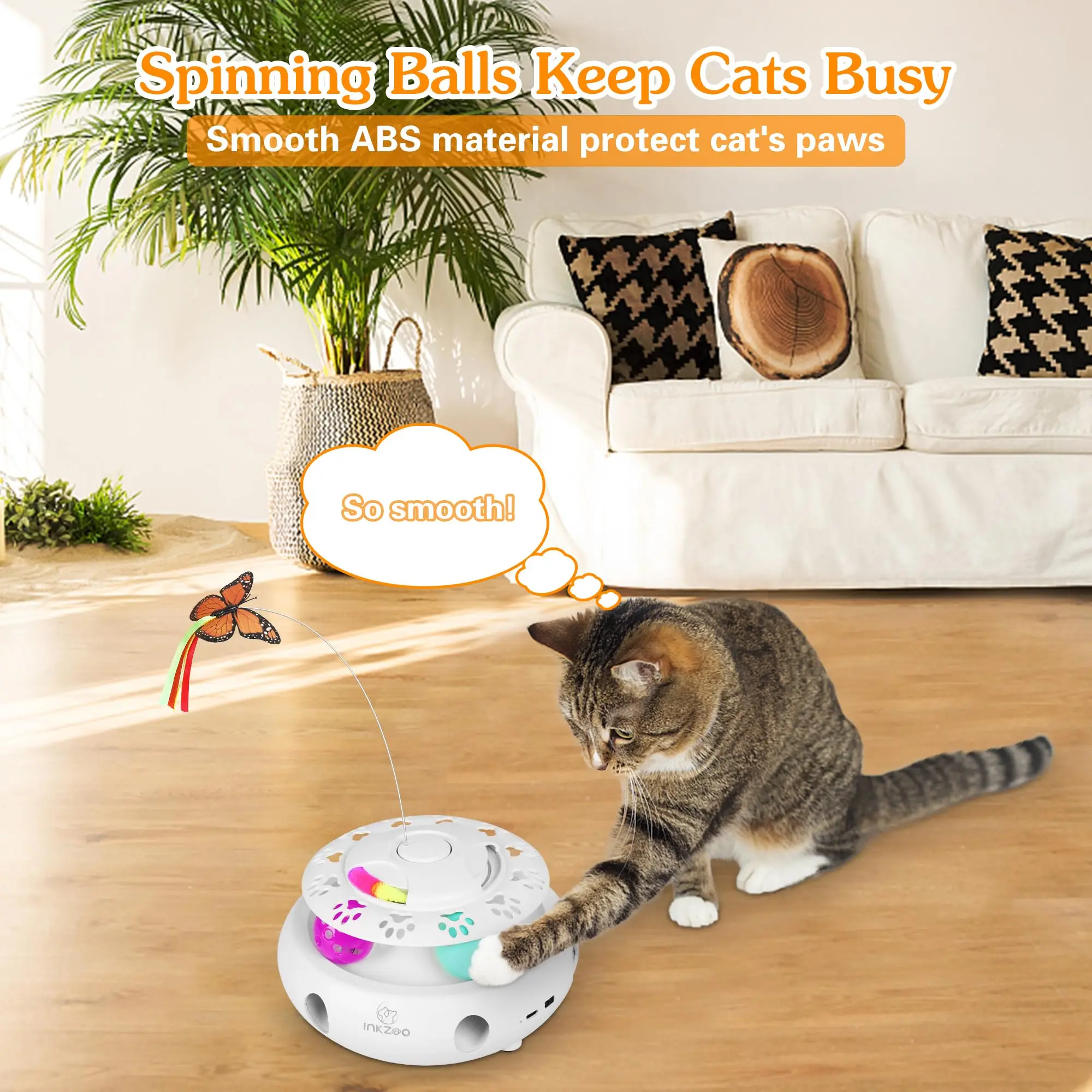 INKZOO 4-in-1 Interactive Cat Toys for Indoor Cats, Automatic 6 Holes Mice Whack-A-Mole, Fluttering Butterfly, Track Balls, USB