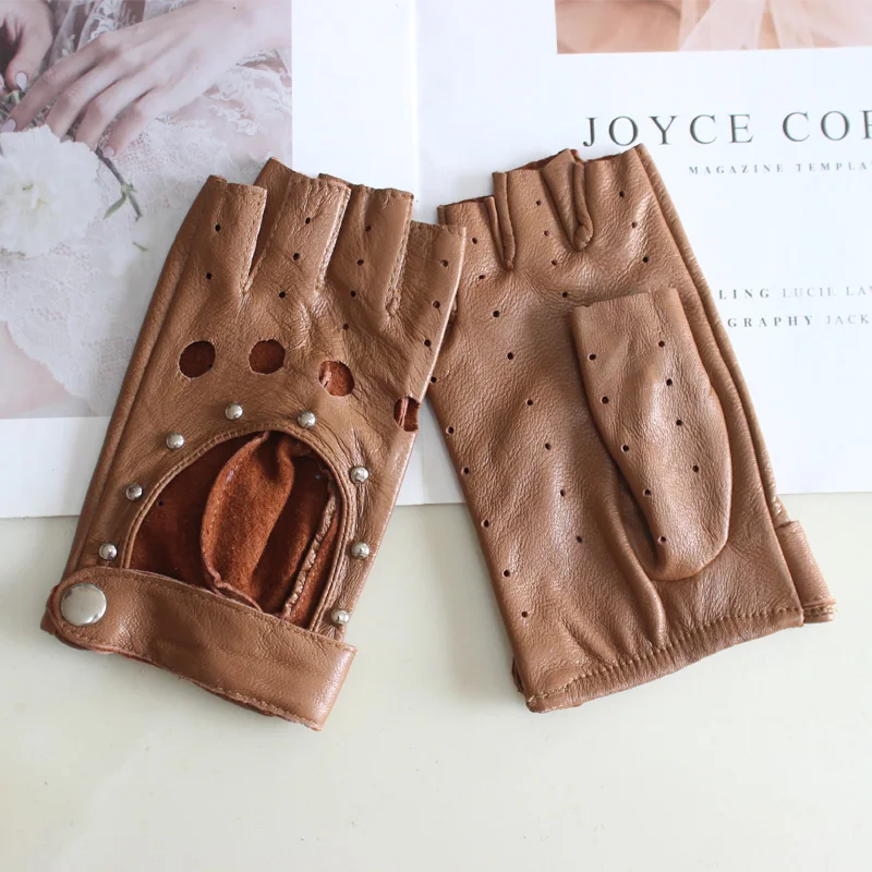 New Women's Sheepskin Half Finger Gloves Thin Style Unlined Rivet Style Colored Genuine Leather Driving Gloves