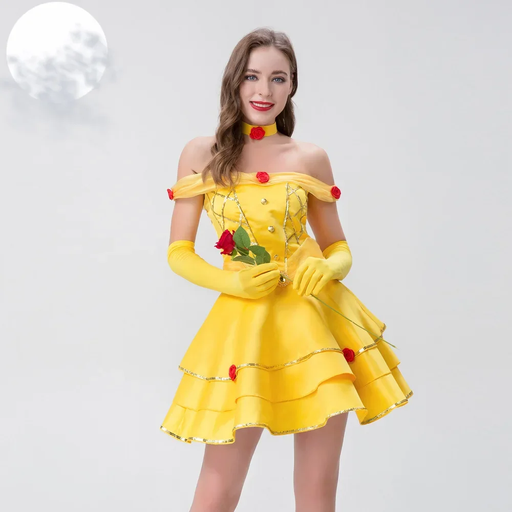 Movie Beauty Princess Cosplay Costume Women Yellow Dress Princess Role Play Long Skirt Halloween Christmas Carnival Party