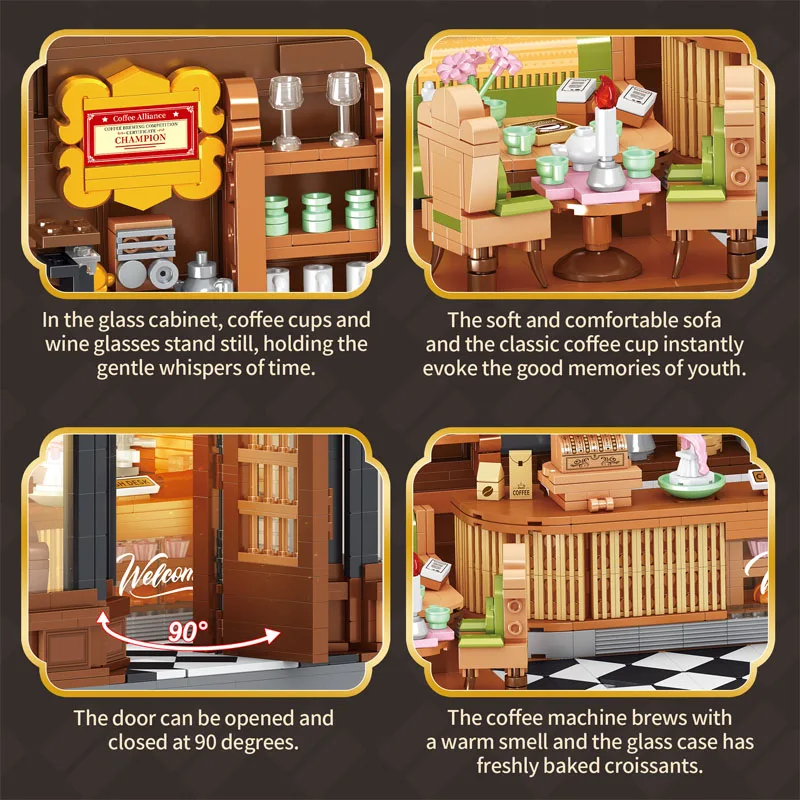 1904 قطعة MOC مقهى على الطراز الأمريكي مع أضواء اللبنات الطوب نموذج تجميع لتقوم بها بنفسك لعب للأطفال هدية عيد ميلاد #6