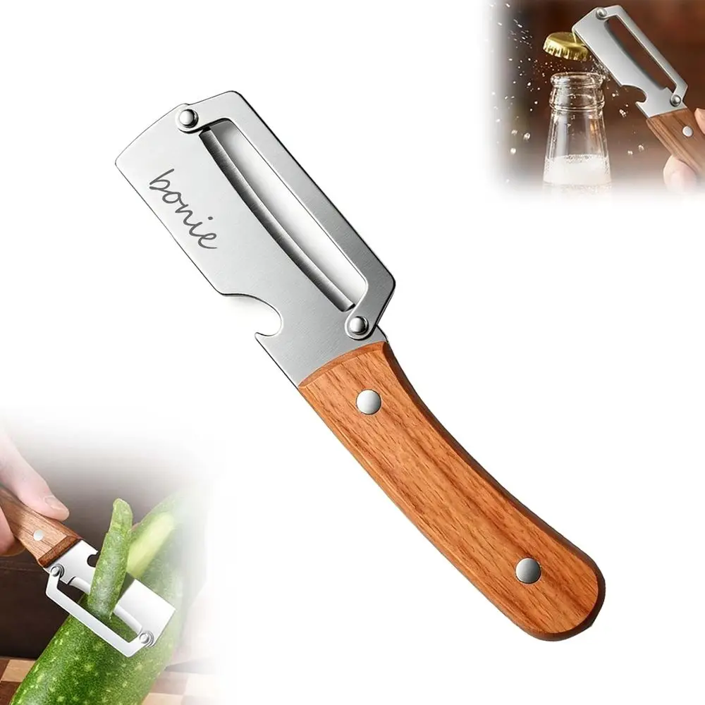 Stainless Steel Multi-Function Vegetable Peeler with Wooden Handle and Bottle Opener, Ideal for Kitchen Prep and Gifting (1PC)