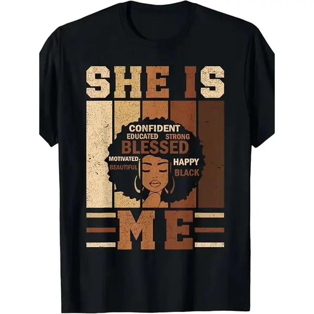 Camiseta She Is Me Empowering Black History Juneteenth - Camiseta unisex informal de manga corta con cuello redondo y retrato de mujer africana y afirmaciones positivas (educada, fuerte, hermosa, citas motivacionales) - Corte regular para hombres y mujeres