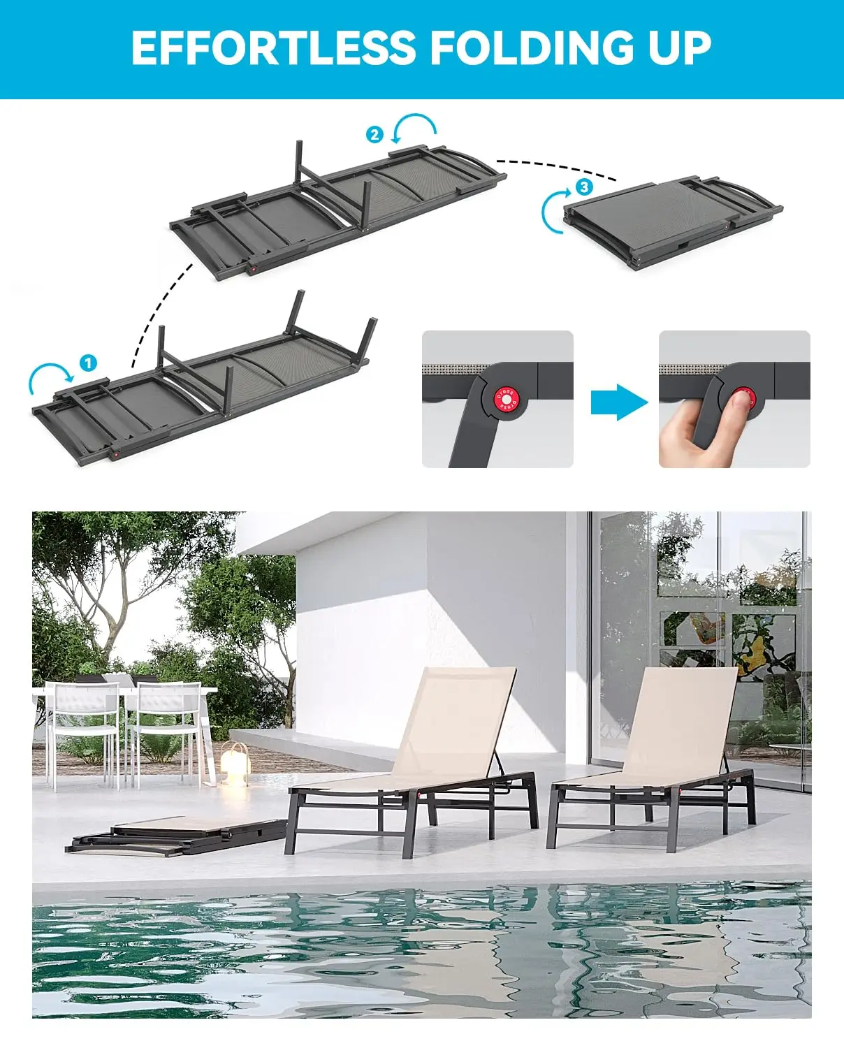 Aluminum Outdoor Chaise Lounge 2-Pack Foldable 5-Position Adjustable Backrest Pool Beach Lawn, Customized
