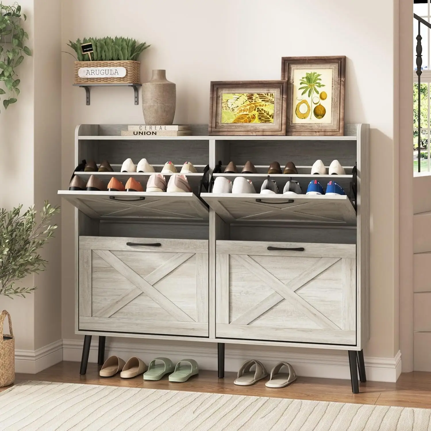 Shoe Storage Cabinet with 4 Flip Drawers, Freestanding Organizer with Metal Hinges, Narrow Shoe Rack, 5 Wooden Legs, Beige