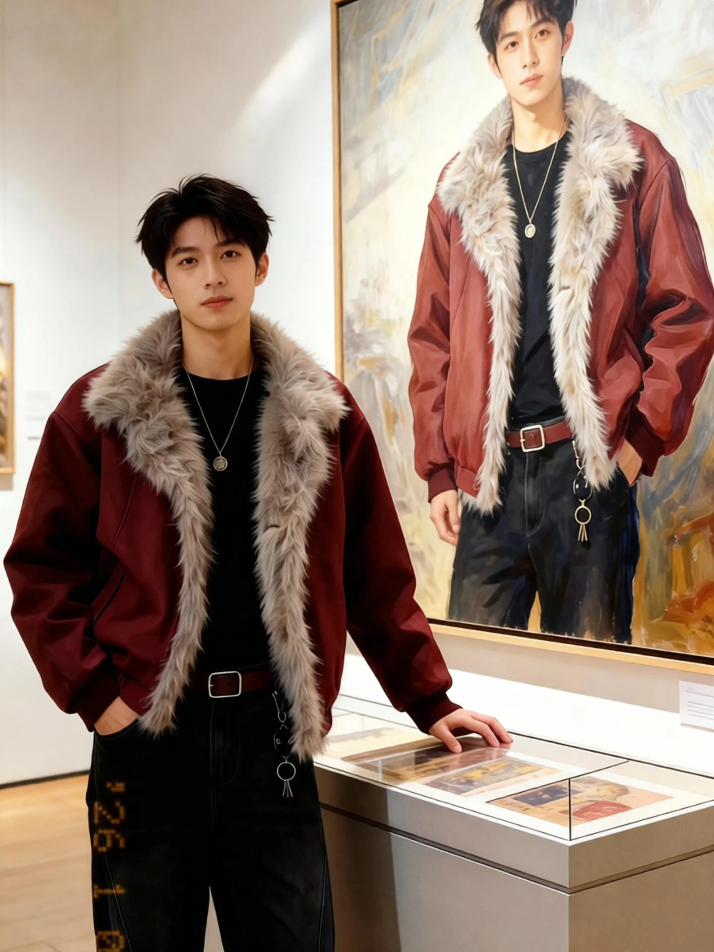 

Мужское зимнее пальто из хлопка с замшевым воротником цвета красного вина, с меховым отворотом, теплое, пушистое, модное, для молодежи