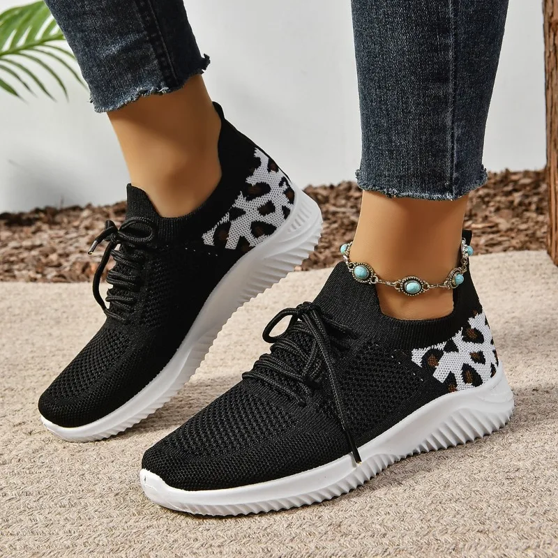 Ladies Shoes 2024 Brand Lace-up Women's Vulcanize Shoes Fashion Leopard Print Ladies Casual Shoes New Round Head Mesh Sneakers