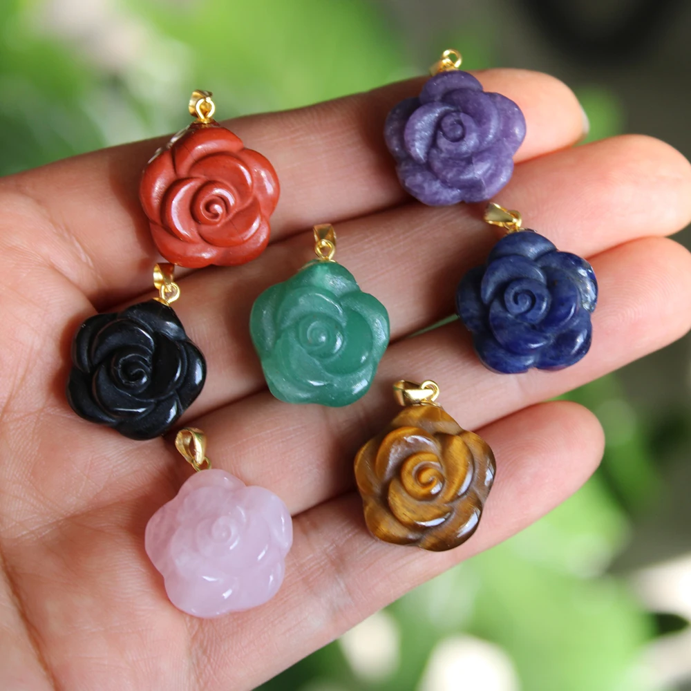 Unit One Piece Gold Plated 925 Silver With Multi Natural Gemstone Crystal Rose Flower Carving Necklace Pendant For Gift