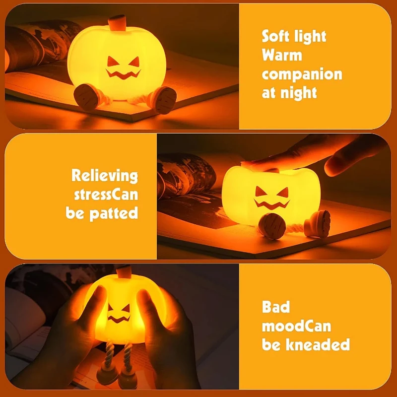 Halloween Hanging Decorations Cute LED Pumpkin Lamps With Rope 3 Level Dimmable USB Hanging Silicone Touch Lamp for Woman & Kid