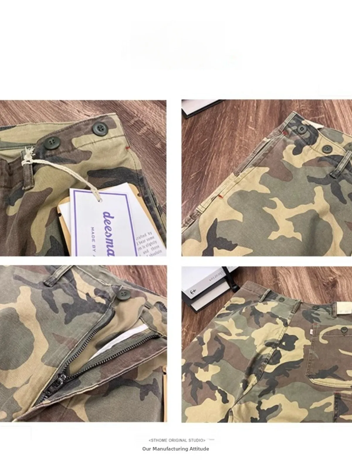 Tamanho grande primavera outono camuflagem retro de calças soltas em linha reta casual americano rua calças compridas para homem