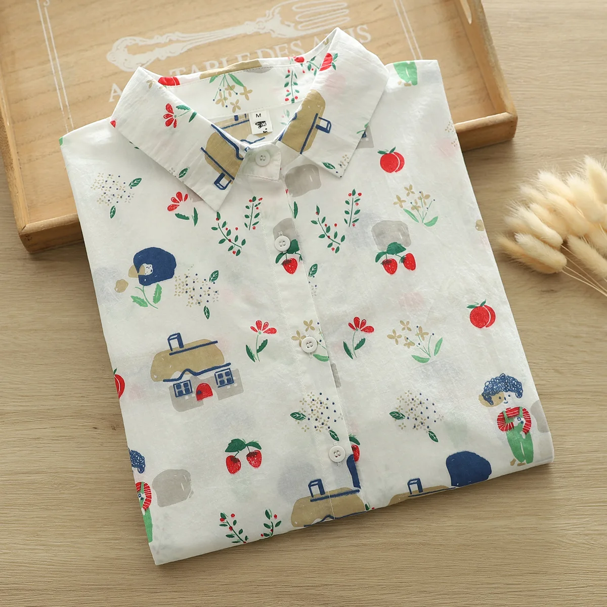 New Spring Cotton Shirt Women Short Sleeve Cartoon Printed Tops Girl Simple Fashion Casual Blouses 2024 Summer T45303QM