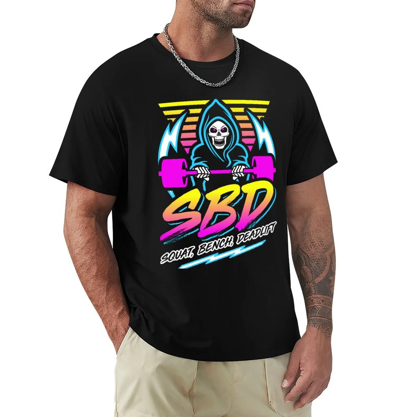 SBD Squat Bench Deadlift (Gym Reaper) Retro Neon Synthwave 80s 90s T-Shirt funnys t shirt for men