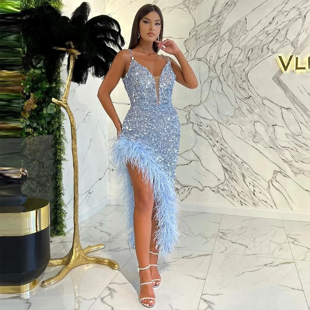 Luxury Sky Blue Feathers Sequin Mermaid Prom Dresses V-Neck Spaghetti Strap Short Evening Dresses Side Slit Wedding Party Gowns