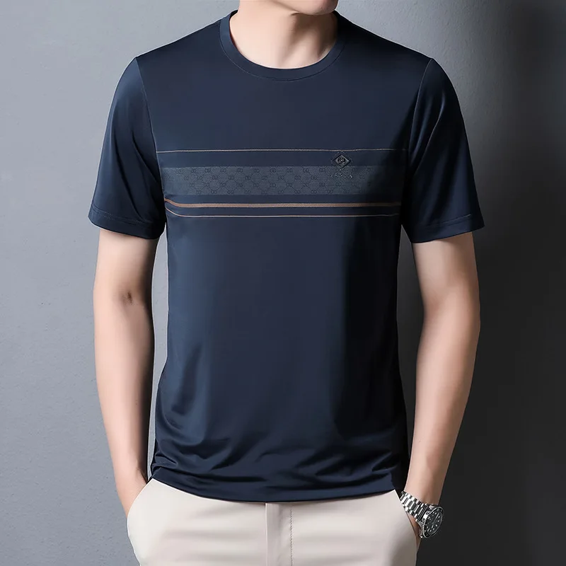 Casual Fashion Short Sleeve Polo-Neck Pullovers Tops Male Clothes Summer Round Neck Printed Spliced Solid Color T-shirt for Men