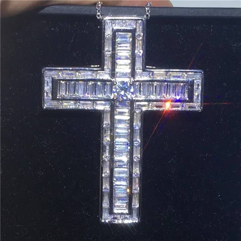 Vecalon Princess cut Long Cross pendant 925 Sterling silver Cz Stone cross Pendant necklace for Women Men Party Wedding Jewelry