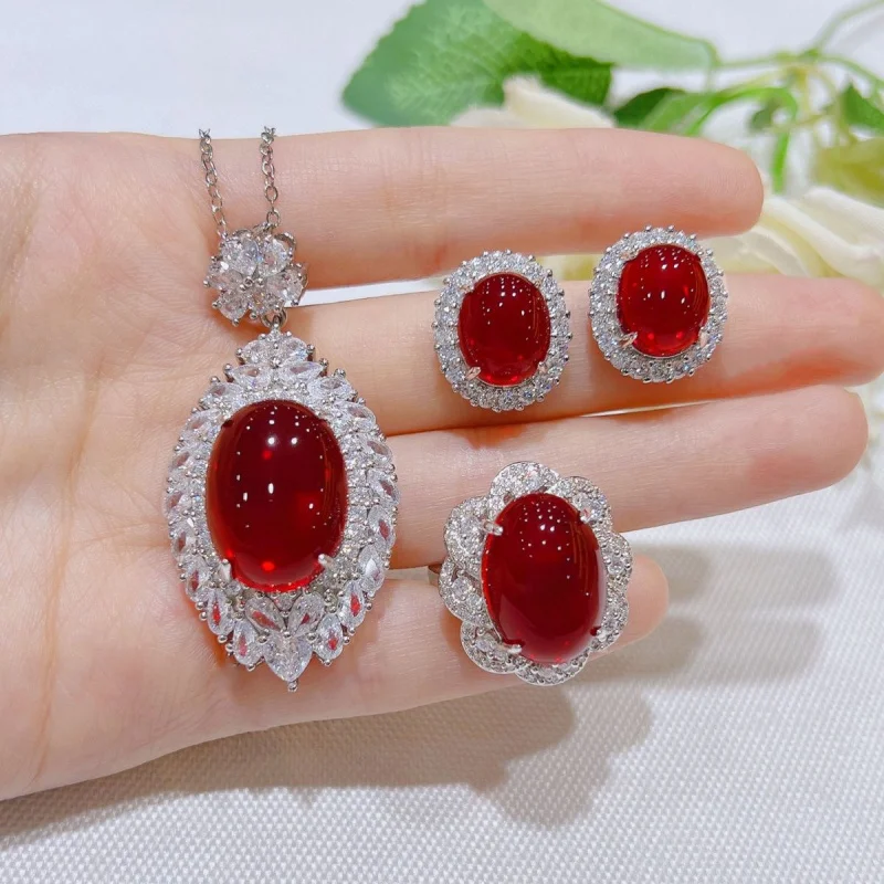 New glossy simulated blood ruby set, exaggerated pigeon egg zircon pendant, colored gemstone earrings, open ring