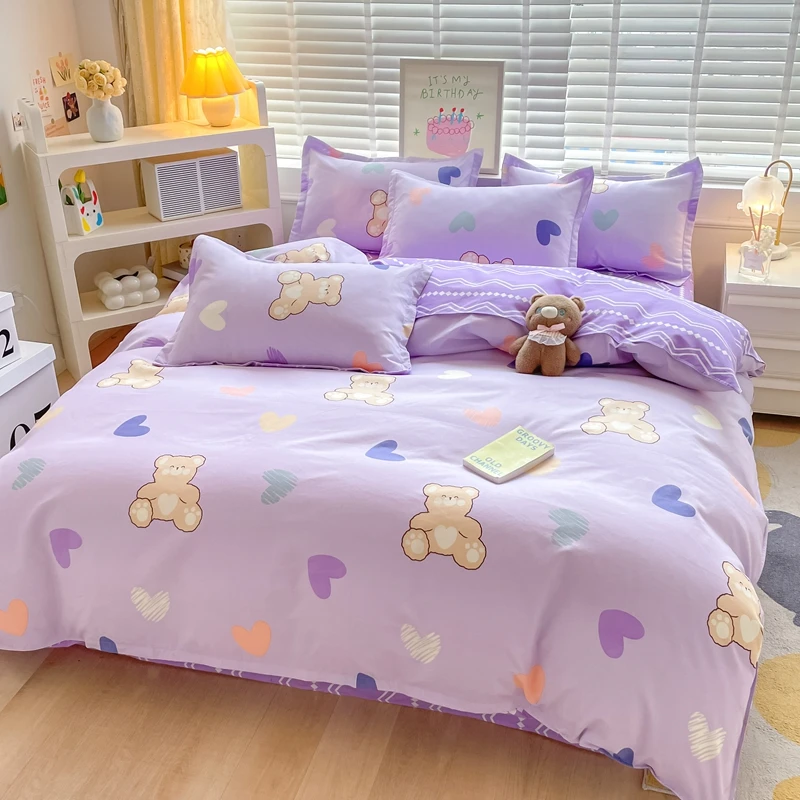 Cartoon Bear Duvet Cover Twin Queen Size 4PCS Romantic Love Heart Bedding Set for Boys Girl,Reversible Geometric Comforter Cover