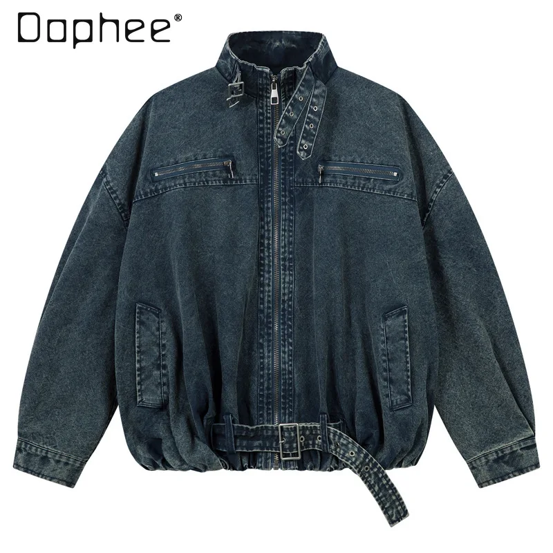 

American Street Style Stand Collar Denim Jacket Unisex Short Zipper Design Loose Jacket Cool Casual Trendy Brand