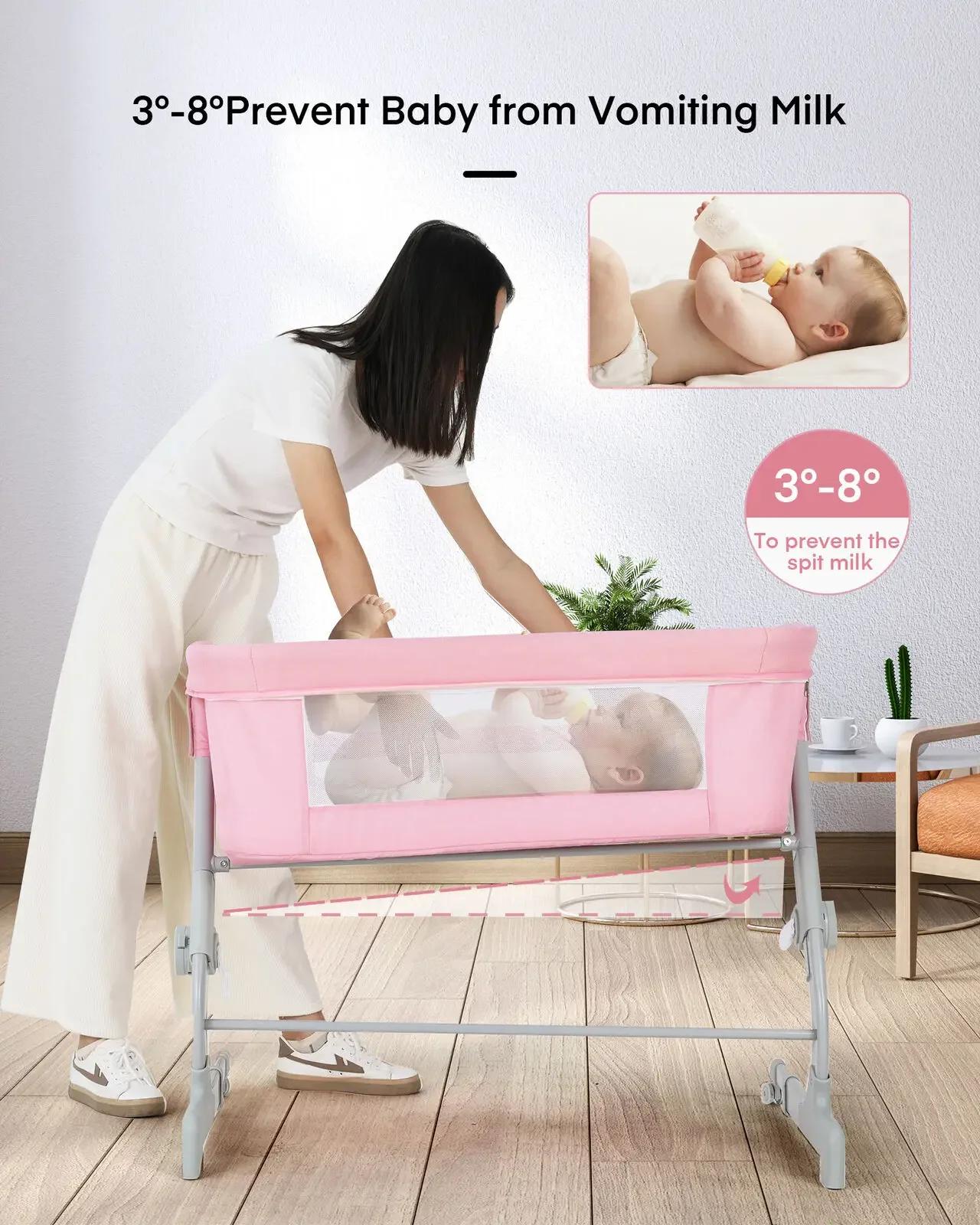 เตียงเด็ก Baby Bassinet ทารกเนอสเซอรี่เปลตะกร้า Sleeper เตียง Cradle ล้อสีชมพู