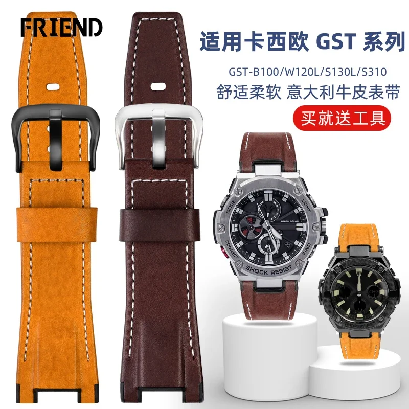 Suitable for Casio GST-S130/S110/S120/W130l/B100/W300 Genuine Leather Nylon Men\'s Watch Band