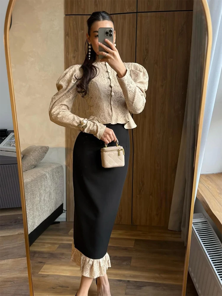 

Elegant White Lace Blouse Women Chic Stand Collar Puff Sleeve Button Peplum Shirts Casual 2026 Spring Party Vacation Street Tops