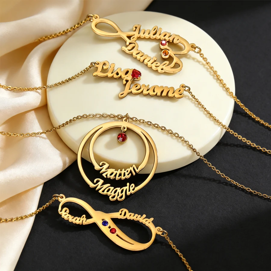 

Acheerup Personalized Double Names Infinity Necklace for Women Men Stainless Steel Birthstone Round Pendant Couple Jewelry Gifts