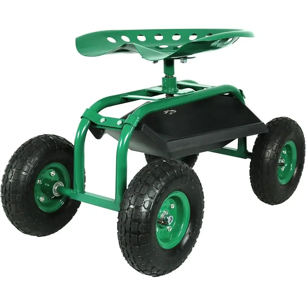 Green Portable Garden Cart with Swivel Seat and Storage on Wheels