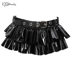 MEOWCOS Women Gothic Style Skirt Black Shiny Leather Short Mini Skirt with Belt Cosplay Costume