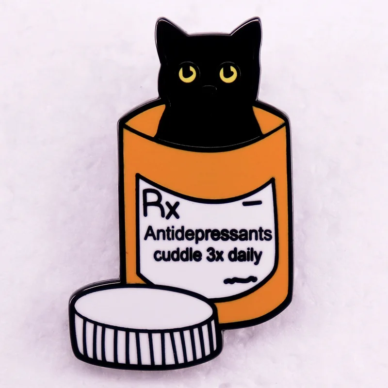 B1786 Motivational Antidepressant Black Cat Enamel Brooch Cartoon medicine bottle Metal Badge Punk Lapel Pin Jewelry Accessories