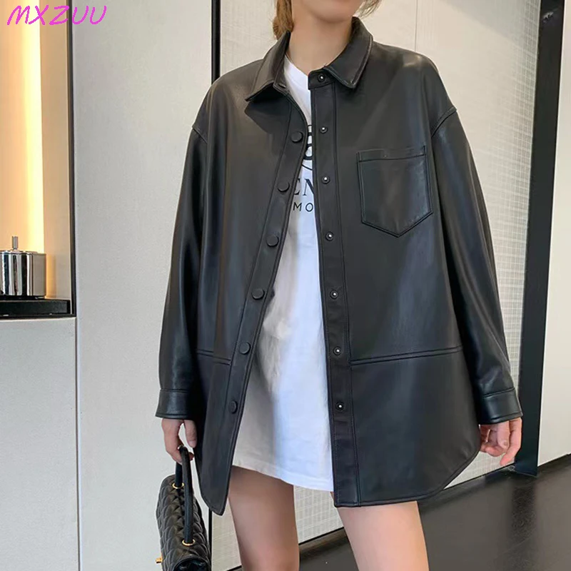 Real Leather Jacket Women Polo Collar Lace-Up Waist Closing Medium to Long Sheepskin Blusa Feminina Casual Loose Black Coats