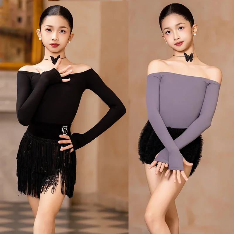 

Kids Tango Samba Latin Dance Professional Suits Girls Long Sleeved Latin Top Fringed Skirt Children Performance Costume