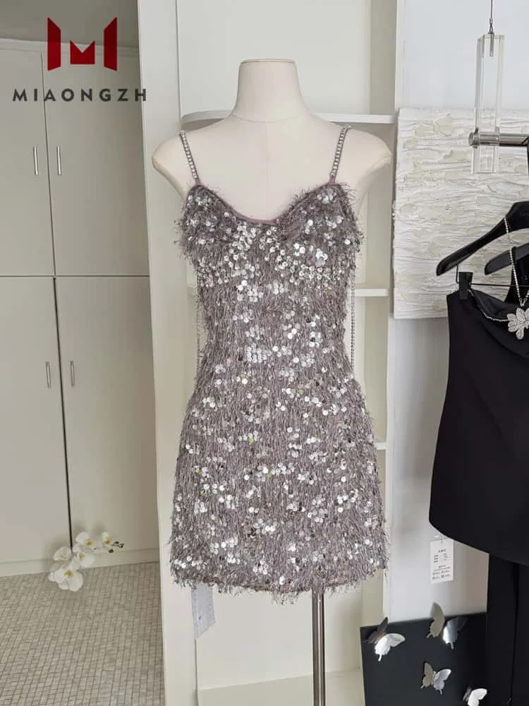 

New Fashion Bead Tassel Patchwork Sequin Dress Women's Slimming Sleeveless 2025 Spring New Straight Elegant Party Dresses Female