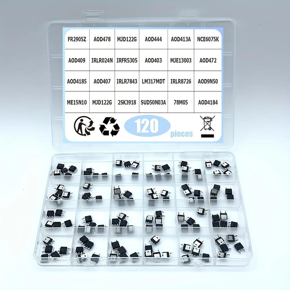 120PCS 24 Values TO-252  new MOS FET transistor 78M05 AOD4184 ME15N10 AOD4185 IRLR8726 AOD478 AOD444 NCE6075K Ic Socket Kit SET