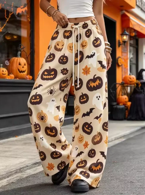 Halloween Pumpkin Ghost Full Print Pumpkin Lantern White Ghost Bat Spider Autumn Leaf Trendy Loose Casual Versatile Pants