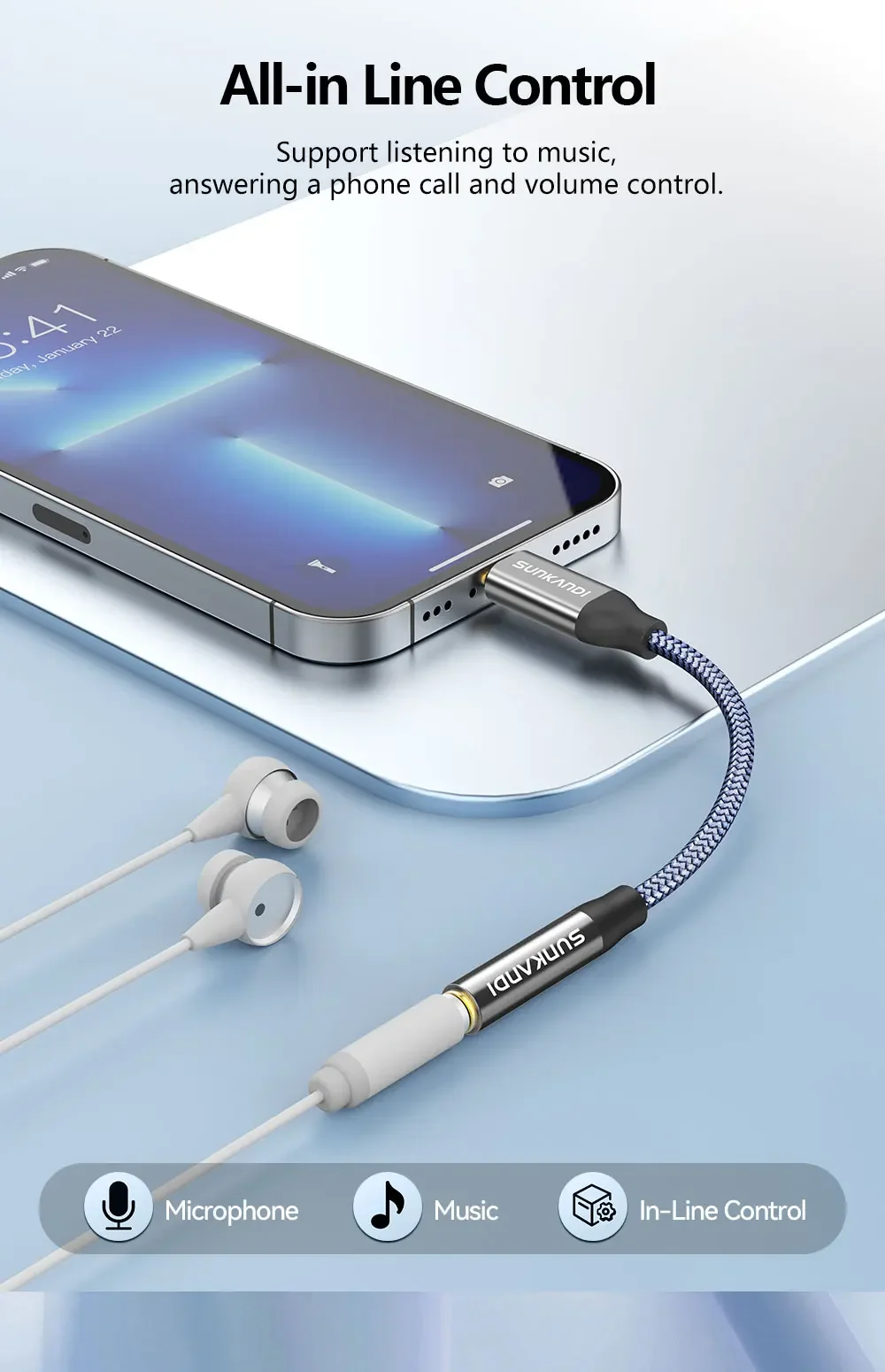 SUNKANDI USB C auf 3,5 mm Buchse Kopfhörer-Adapter, Typ C auf 3,5 mm Buchse Aux-Audiokabel für iPhone 16 15, Samsung Xiaomi – Detail 3